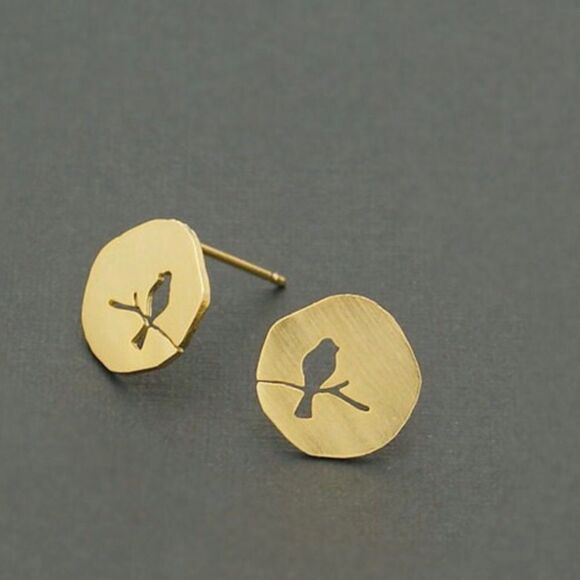Brushed Gold or Silver Tone Bird on Branch Stud Earrings NWT - Picture 2 of 7